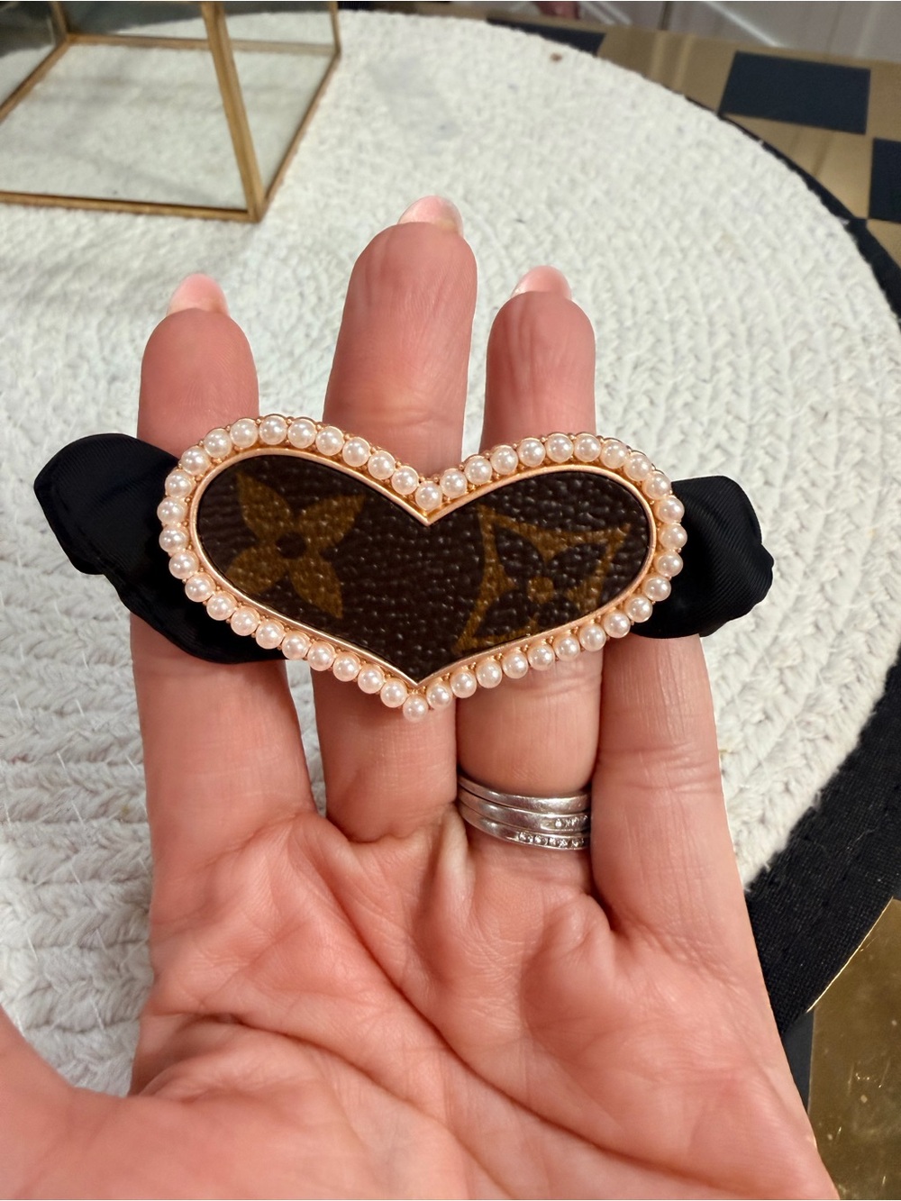 Hair Tie with Upcycled Louis Vuitton Monogram Heart & Pearl ❣️